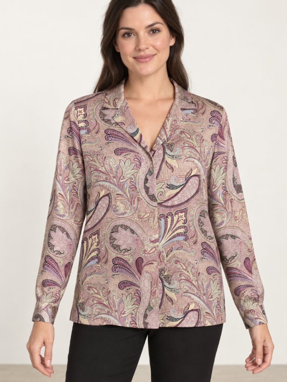 Vintage Boho Evan Picone Blouse 100% Silk Paisley Mauve Pink Long Sleeve Size 10